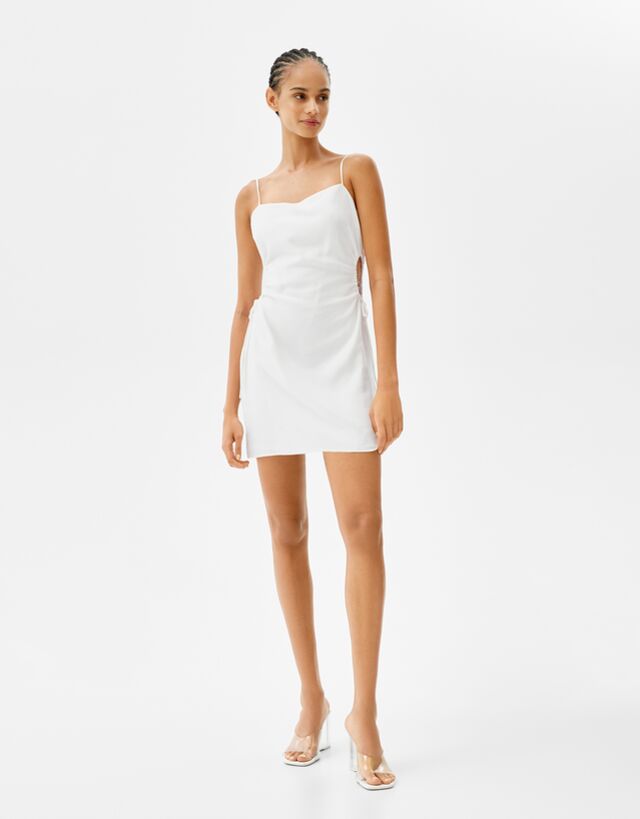 Strappy linen mini dress with ruched ...